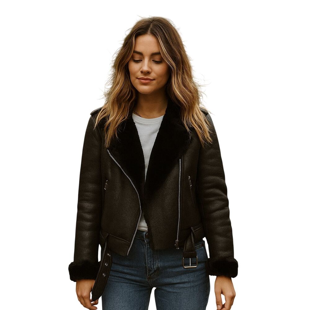Women’s Faux Suede Biker Jacket Small Black Moto Fur Lined Zip Belted